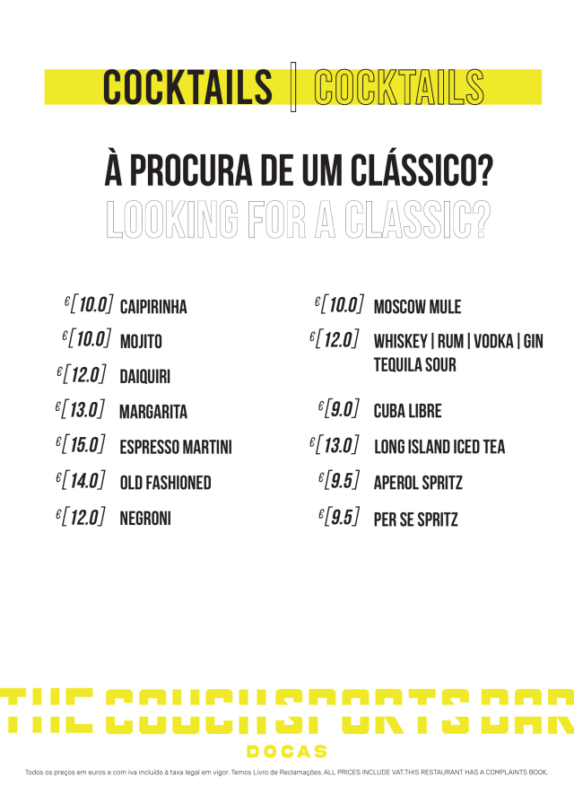 Menu Cocktails Clássicos — Docas