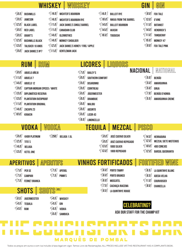 Spirits menu — Marquês de Pombal