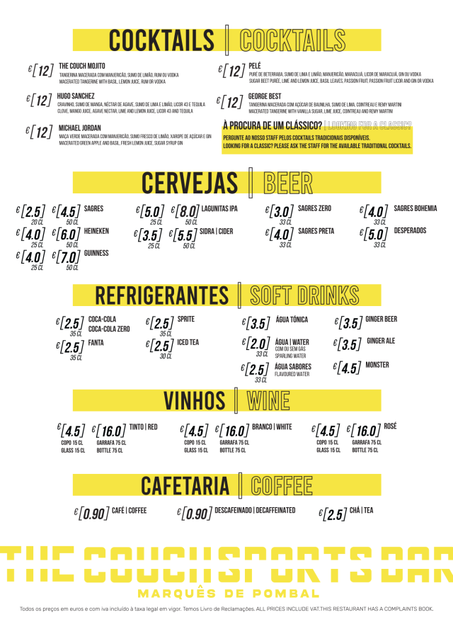 Drinks menu — Marquês de Pombal